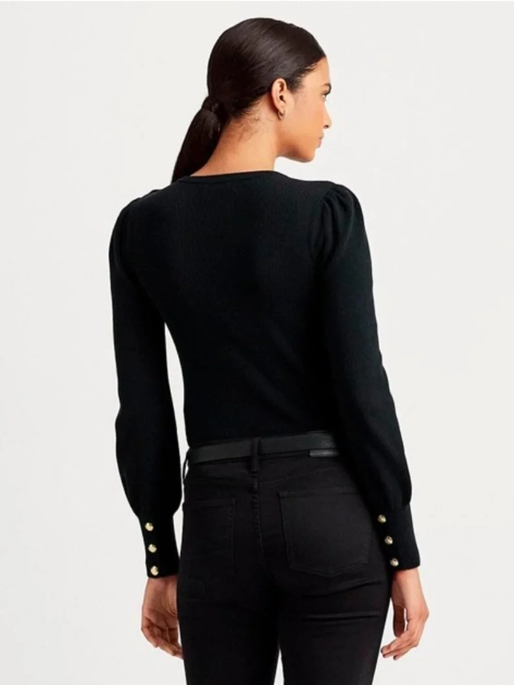 Lauren Ralph Lauren Crewneck Puff-Sleeve Black Sweater Petite Size Small New - Picture 2 of 7